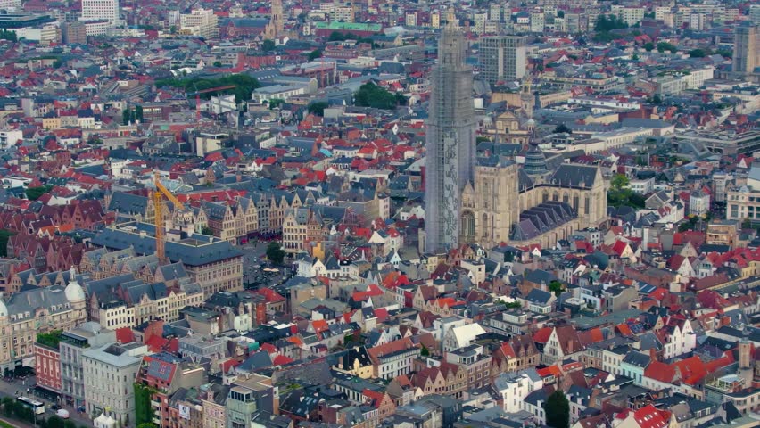 Aerial view of the Old town of of the city Antwerpen on a sunny day in summer in Belgium.