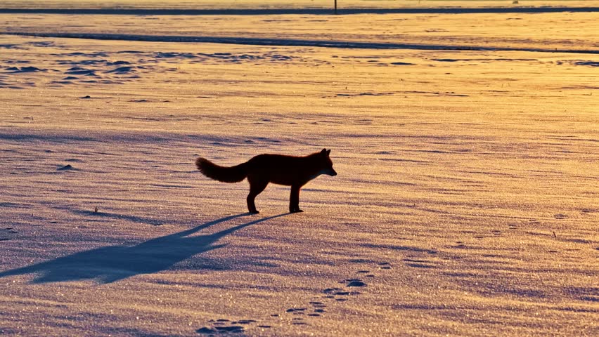 A Lone Fox Walking Across a Sunlit Snowy Landscape, Casting a Long Shadow on the Glistening Snow - Tracking Shot
