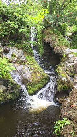 Beautiful waterfalls in Wales forest, lush green nature landscape