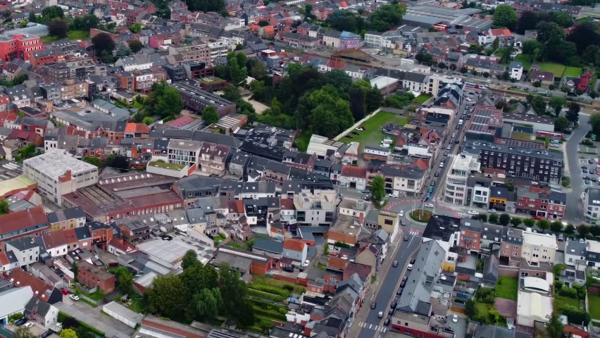 Aerial view around downtown of the city Lede in Belgium on a cloudy afternoon in summer