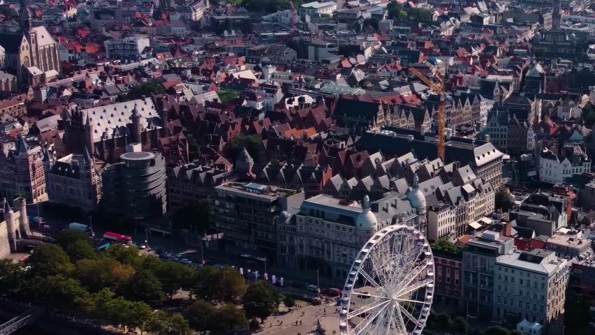 Aerial view of the Old town of of the city Antwerpen on a sunny day in summer in Belgium.