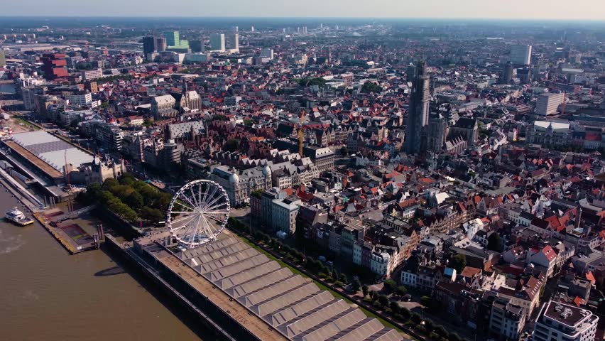Aerial view of the Old town of of the city Antwerpen on a sunny day in summer in Belgium.
