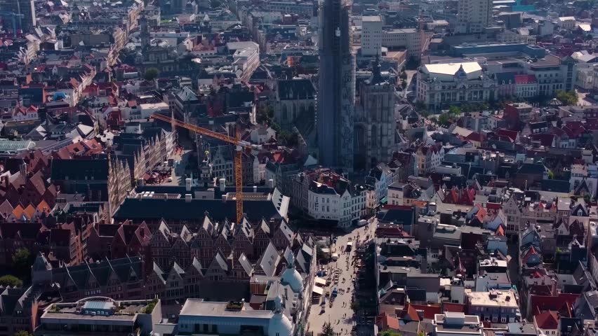 Aerial view of the Old town of of the city Antwerpen on a sunny day in summer in Belgium.