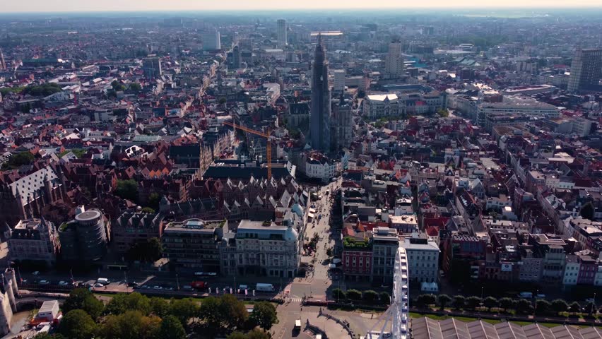 Aerial view of the Old town of of the city Antwerpen on a sunny day in summer in Belgium.