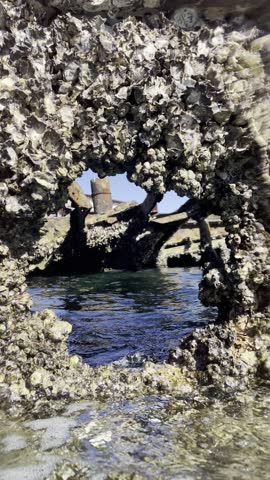 Rocky shoreline with clear ocean water and natural textures at Moreton Island, Australia.