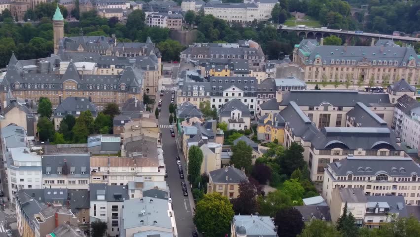 Aerial view around the old town of the city Luxembourg in the country of Luxembourg  on a sunny day in summer