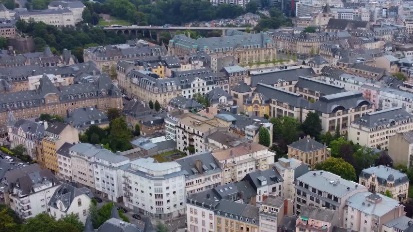 Aerial view around the old town of the city Luxembourg in the country of Luxembourg  on a sunny day in summer