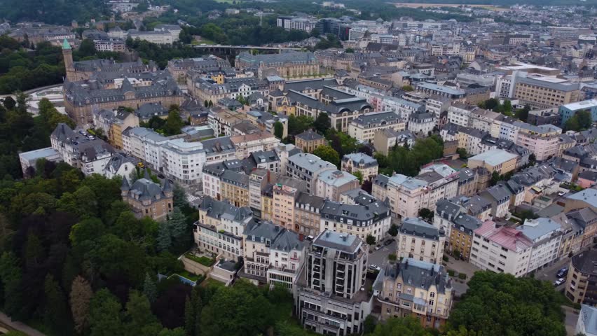 Aerial view around the old town of the city Luxembourg in the country of Luxembourg  on a sunny day in summer