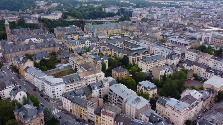 Aerial view around the old town of the city Luxembourg in the country of Luxembourg  on a sunny day in summer