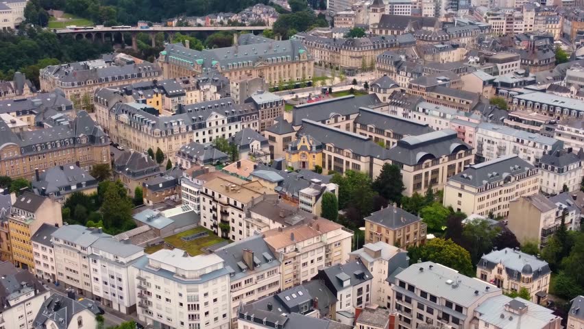 Aerial view around the old town of the city Luxembourg in the country of Luxembourg  on a sunny day in summer