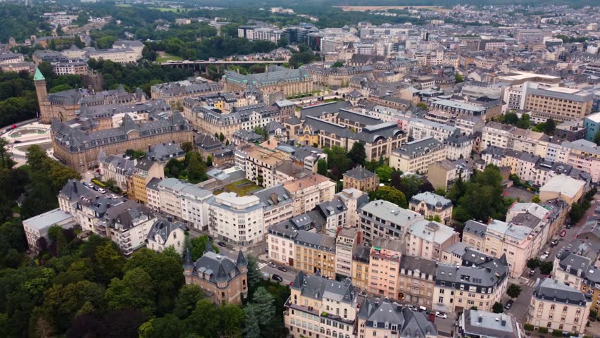 Aerial view around the old town of the city Luxembourg in the country of Luxembourg  on a sunny day in summer