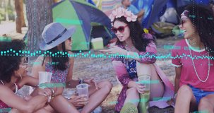 Flowercrown woman reaching hand, group replying campsite, teal waveform pulsing talk for tech demo. Outdoor, camping, forest, friends, conversation, laughter, blanket - Powered by Shutterstock - Get 15% off with code: PIKWIZARD15