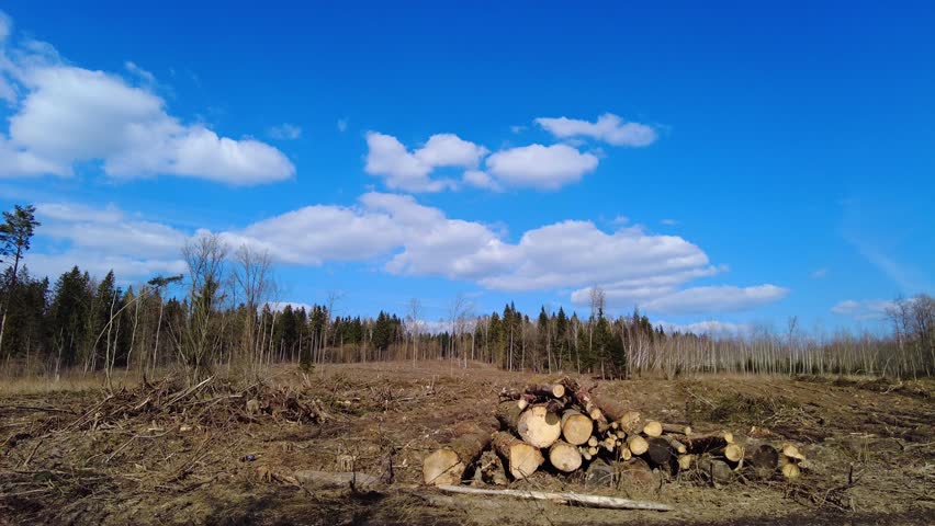 Trees are cut down in a forest area. Logs are piled on the ground. The sky is blue with clouds. Some trees are still standing nearby. This is a clearing process.