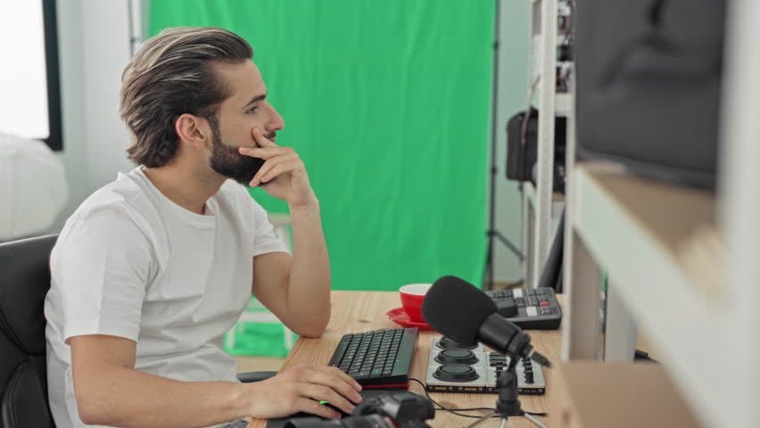 Man with camera and microphone, hand on chin while typing at keyboard and adjusting mixer at desk in studio; focused creativity.