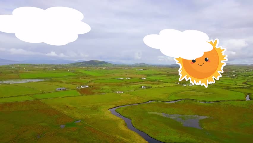 Vertical video: Aerial fields seen above, cloud appearing, drifting, sun peeking for farming. Drone, patchwork, greenery, hedgerows, stream, ponds, rural