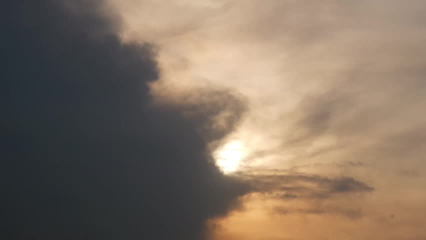 Sunset view with silhouettes of birds flying in a cloudy sky