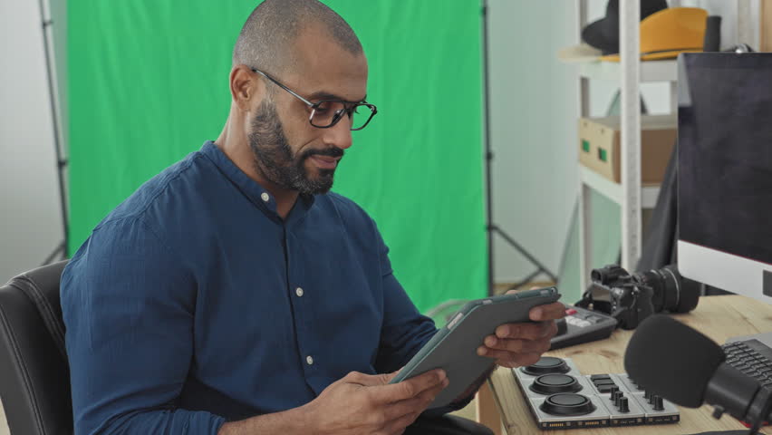 Man wearing glasses and blue shirt holds and taps a tablet while smiling in a studio with green screen, softbox and audio mixer on desk; contentment.