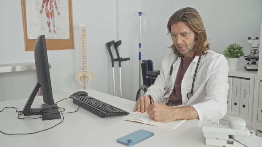 Man writing in notebook with stethoscope and computer, hands holding pen and keyboard visible in clinic building; focused professional care.