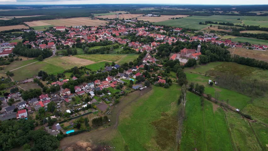 Aerial view around the old town of the city Ziesar on a sunny spring noon in east Germany