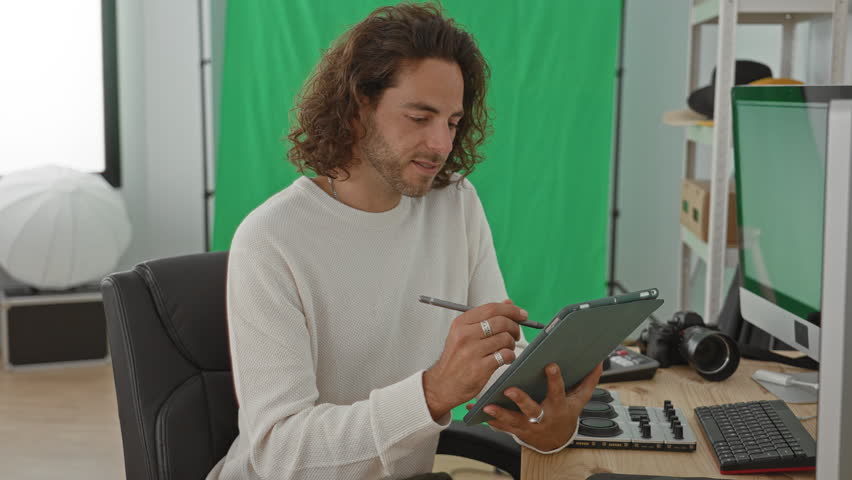 Man photographer holding tablet and drawing with stylus in studio with green screen, camera and lighting gear on desk; concentration creativity.