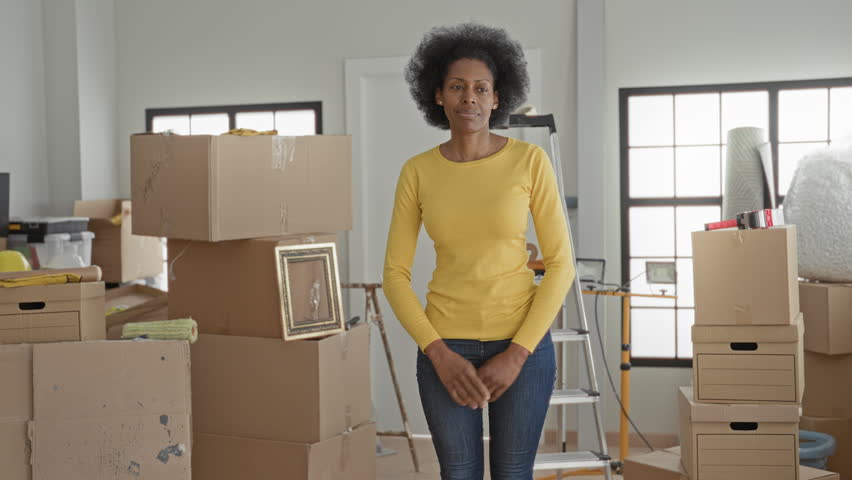 Woman standing with stacked moving boxes, arms crossed inside a building entryway, smiling; fresh start hopeful.