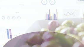 3D pie wedge appearing and rotating, revealing grapes while charts animating to show produce data. Fruit, bowl, droplets, rosemary, overlay, infographic, vibrant - Powered by Shutterstock - Get 15% off with code: PIKWIZARD15