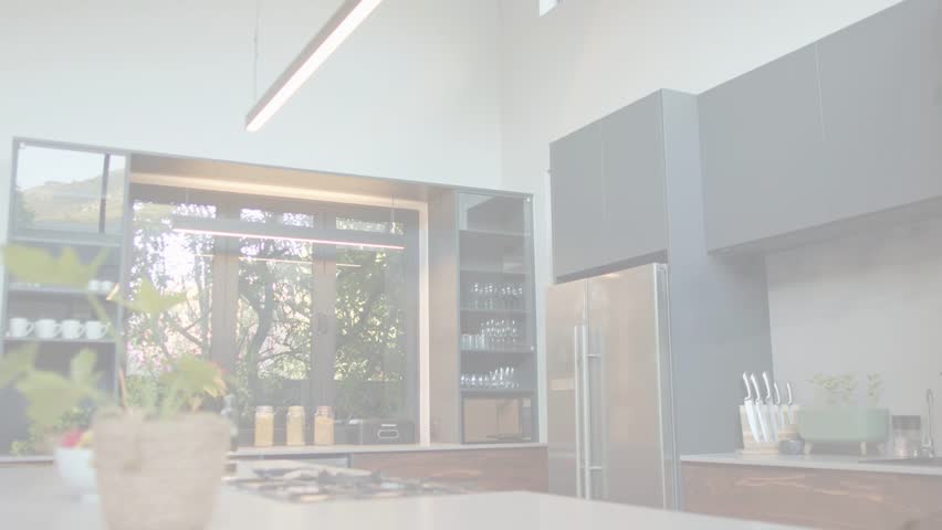 Fixed camera recording island, bright frame causing scan line and exposure varying to show cabinets. Kitchen, modern, daylight, interior, glassware, plant, minimalist