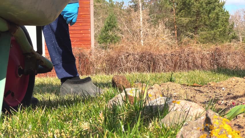 Low angle shot of a person in blue gloves placing large rocks to create a border. Ideal for landscaping services, DIY home improvement tutorials, and garden center advertisements.