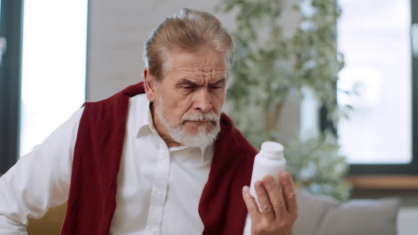 Senior Man Checking Medication Dosage in Bright Living Room During Day
