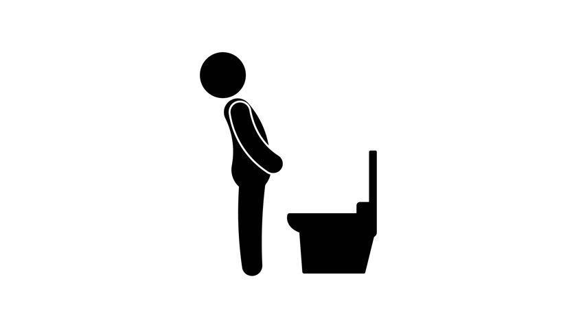 Animation of a person urinating in the toilet, cartoon concept, strong push of falling dotted lines, health issues, hygiene, transparent background, 4k video