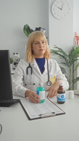 Woman doctor holds brown syrup bottle, points finger to label while explaining dosage in clinic building; reassurance safety advice.
