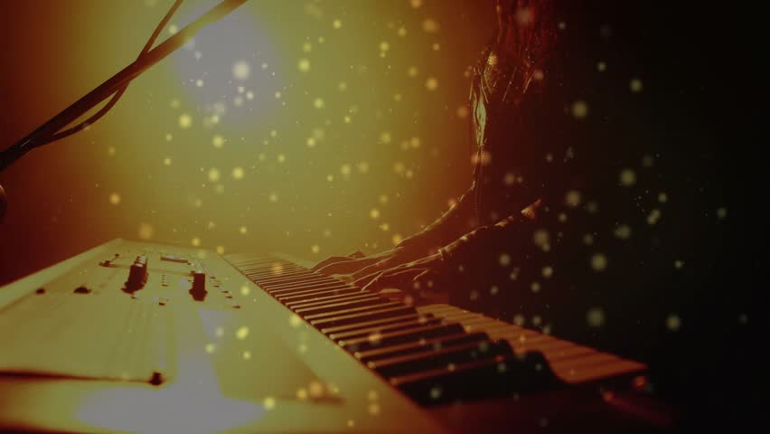 Female musician playing keys, reaching mic, singing, starting music set, backlit particles floating. Silhouette, stage, keyboard, vocalist, solo, moody, glow