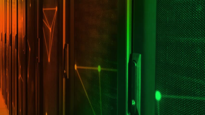 Neon nodes lighting, notifications spawning and flowing to green column, showing network activity. Datacenter, servers, racks, graph, bubbles, icons, stream