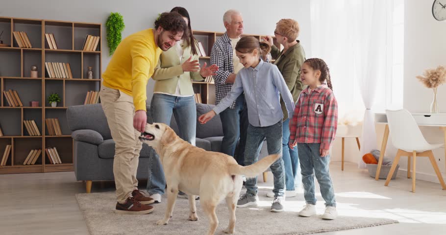 Happy family with parents, children, grandparents play together. They gather at home in a bright livingroom, playing with the dog. Clear concept of joyful multigenerational family time.