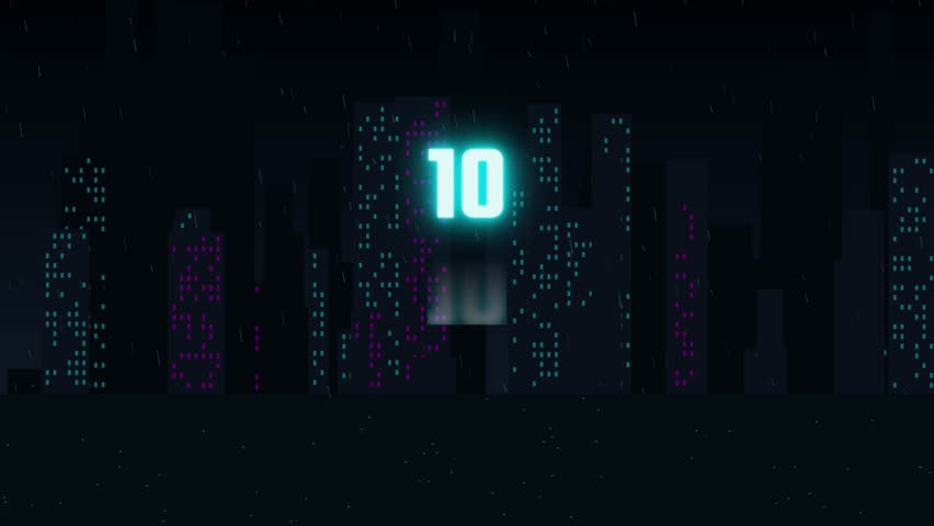 Glowing neon countdown number ten over a stylized rainy city skyline, digital motion graphics animation.