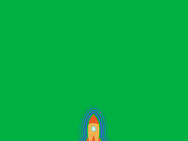 A cartoon rocket ship blasting off into space on a green background  