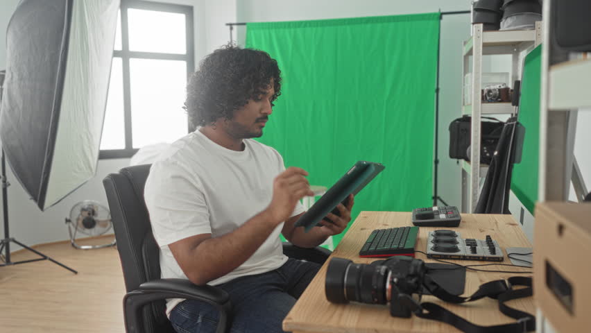 Man photographer taps tablet with hands at desk surrounded by camera and computer gear in studio; creative concentration.