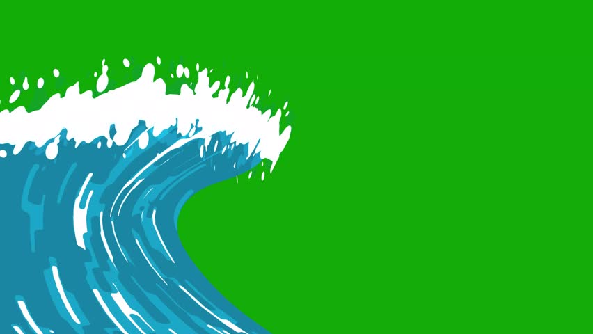 Blue ocean wave curling towards shore, Smooth animated ocean waves splashing playfully,animated background with a bright hand-drawn wave, green screen ocean wave, waves crashing rhythmically