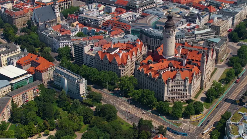 Aerial view around the old town of the city Leipzig on a sunny spring noon in Germany.