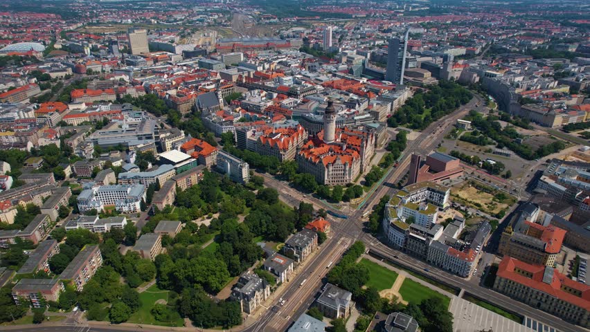Aerial view around the old town of the city Leipzig on a sunny spring noon in Germany.