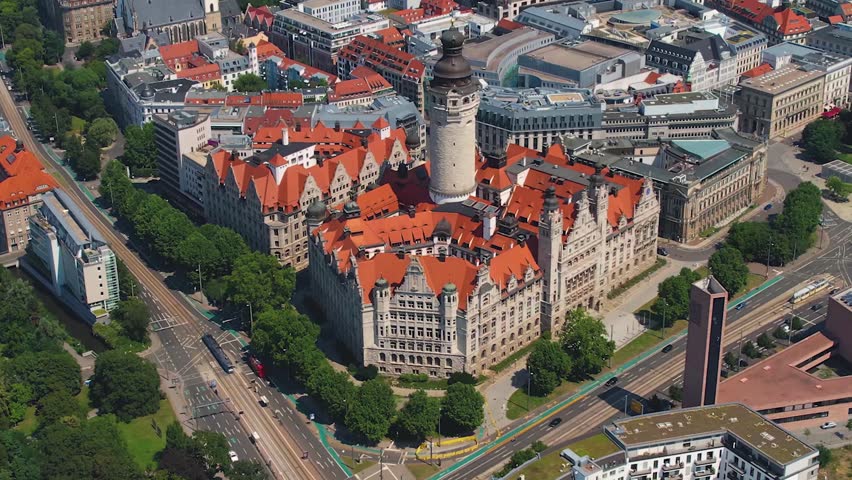 Aerial view around the old town of the city Leipzig on a sunny spring noon in Germany.