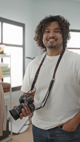 Young indian man photographer with curly hair holding dslr camera by grip and strap, smiling with hand in pocket amid studio lights and props; casual portrait confidence.
