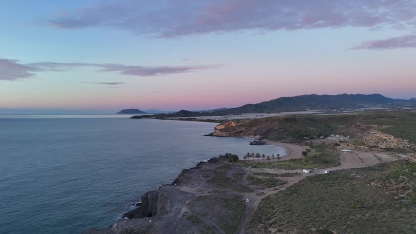 Aerial Sunrise Over Quiet Bay With Beach, Playa de Percheles, Murcia, Spain