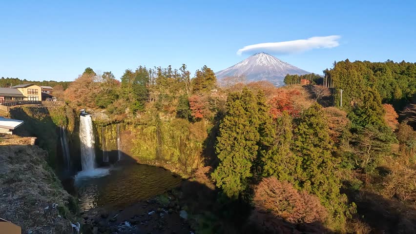 Landscape Shiraito Falls on Autumn Season  is a waterfall where melting snow from Mt. Fuji springs from a cliff and tumbles down along the curved cliff. Red leaves and Snow Mountain View in Fujinomiya Shizuoka .Stable Travel Footage 