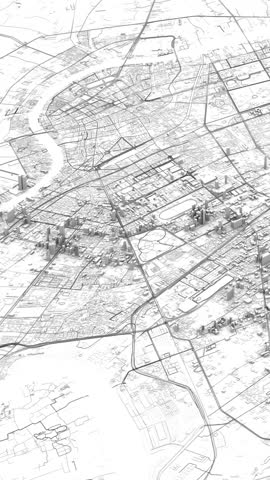 Night aerial view of Bangkok with illuminated street network in grayscale, black roads and white buildings, dark shadows between structures forming a high contrast city map from above.