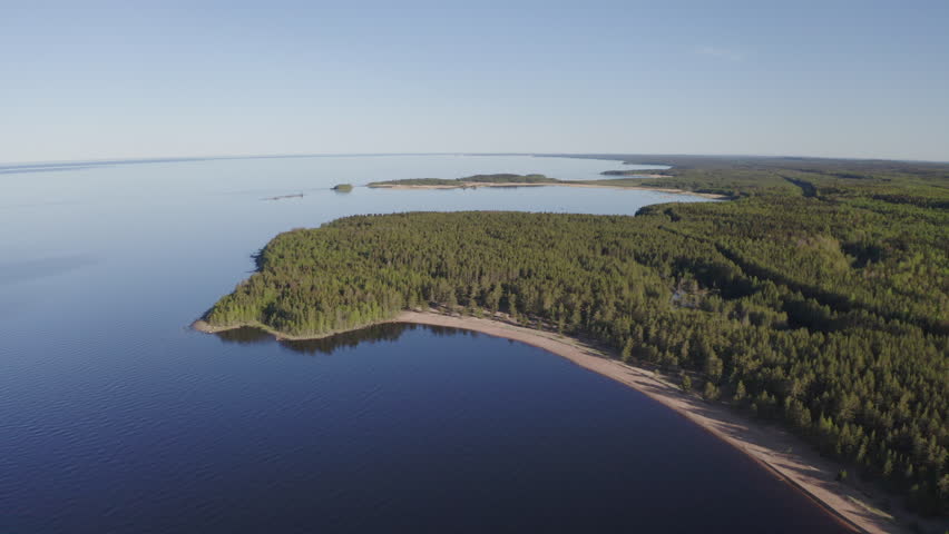 Backward aerial shot of Ladoga lake coastline near by Vidlitsa village on summer morning. Karelia, Russia.