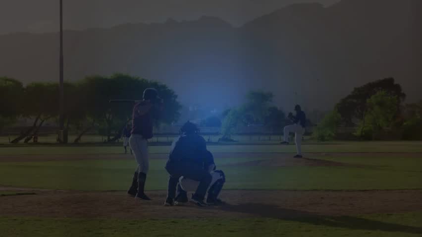 Pitcher starting windup, batter and catcher steady, helix sweeping over players for sports data. Baseball, ballpark, outdoor, daytime, sunny, field, grass