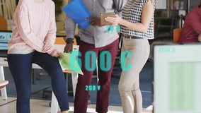 Woman tapping tablet and turning toward coworkers, business team reviewing AR data and blue folders. Colleagues, office, collaboration, openplan, device, augmented, reality - Powered by Shutterstock - Get 15% off with code: PIKWIZARD15