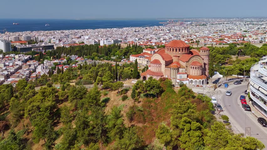 Aerial view of the magnificent Church of Saint Paul the Apostle overlooking the city and the sea in Thessaloniki, Greece