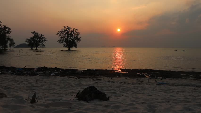 Sunset from Vio Vio Beach, Batam Island, the calm sea waves with the silhouette of mangrove trees and coconut leaves blown by the wind.